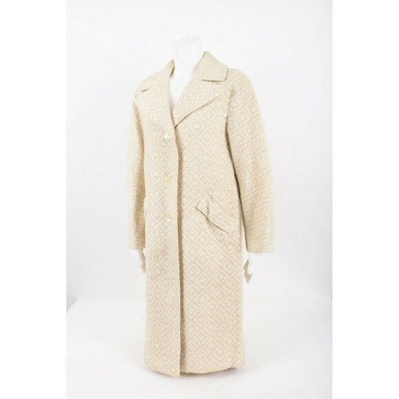 Vintage 60s 70s Womens Beige Tweed Coat Mid Length Size L  ILGWU Union Label - Picture 2 of 6